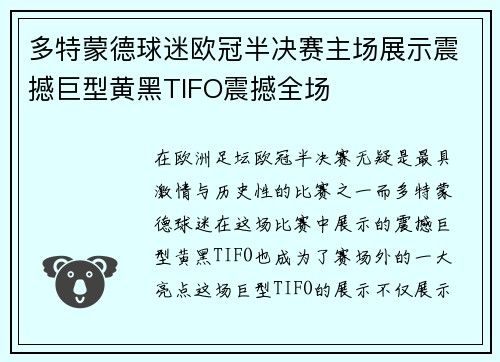 多特蒙德球迷欧冠半决赛主场展示震撼巨型黄黑TIFO震撼全场