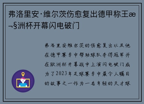 弗洛里安·维尔茨伤愈复出德甲称王欧洲杯开幕闪电破门